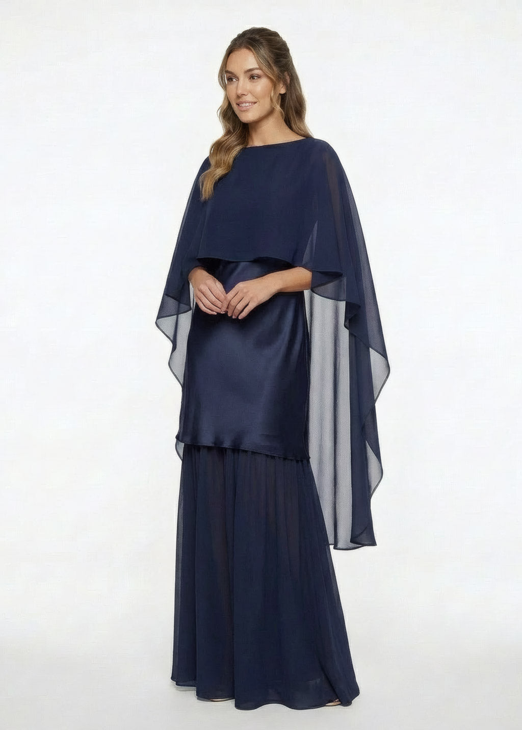 Navy Blue Silk and Chiffon Dress with Cape Detail