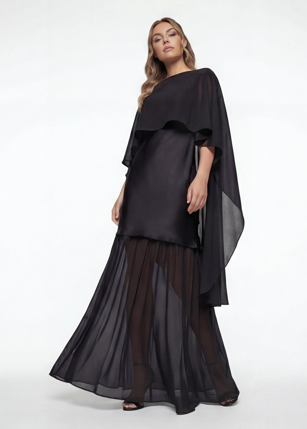 Black Silk and Chiffon Dress with Cape