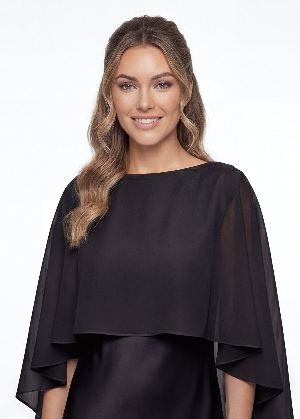 Black Silk and Chiffon Dress with Cape