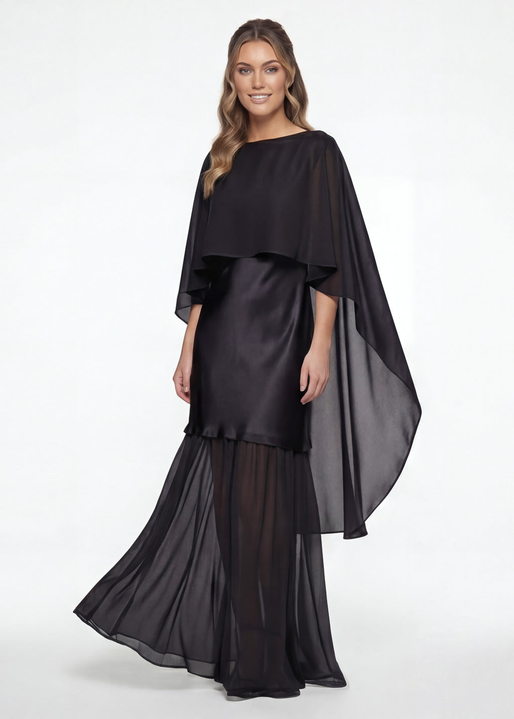 Black Silk and Chiffon Dress with Cape