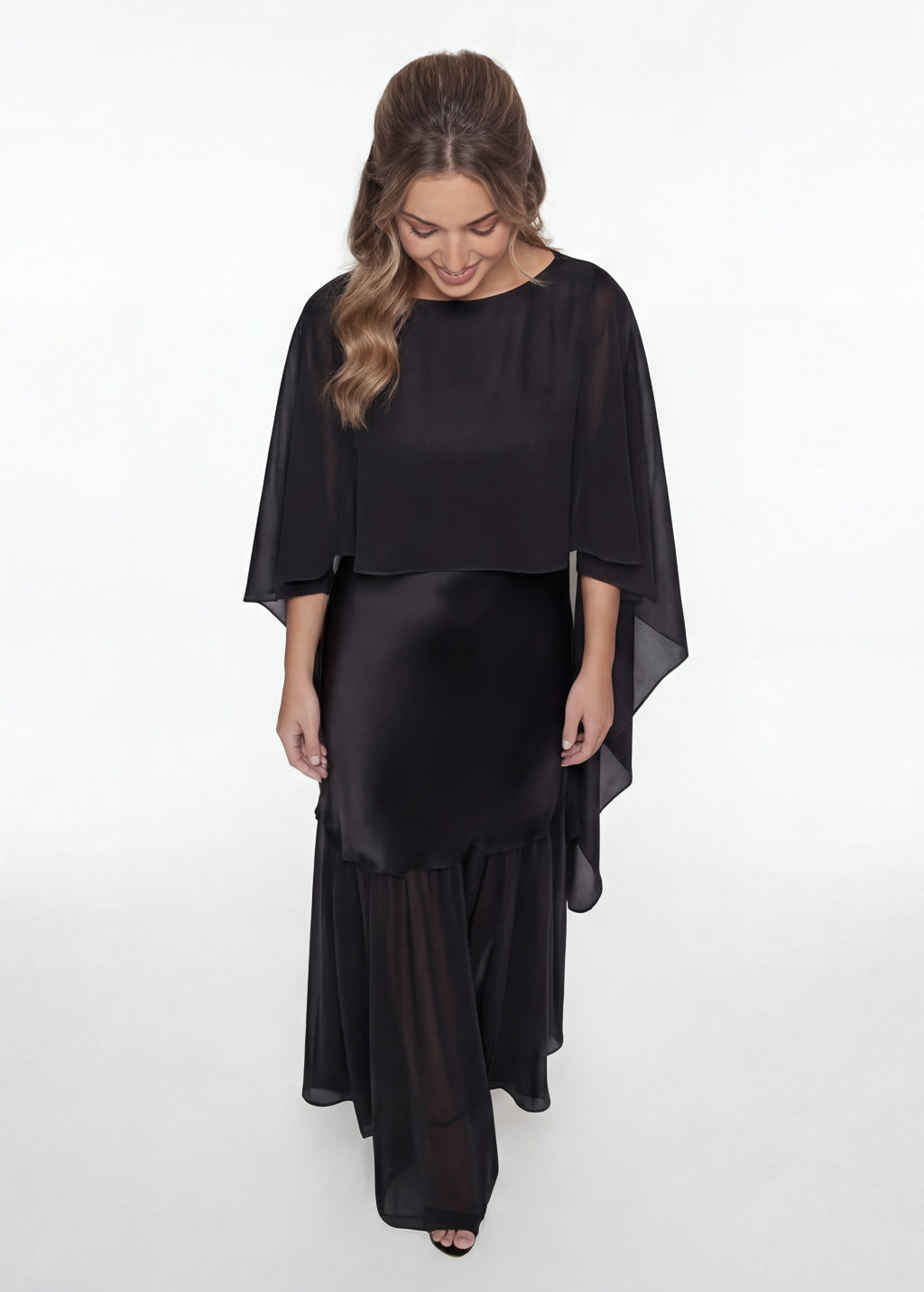 Black Silk and Chiffon Dress with Cape