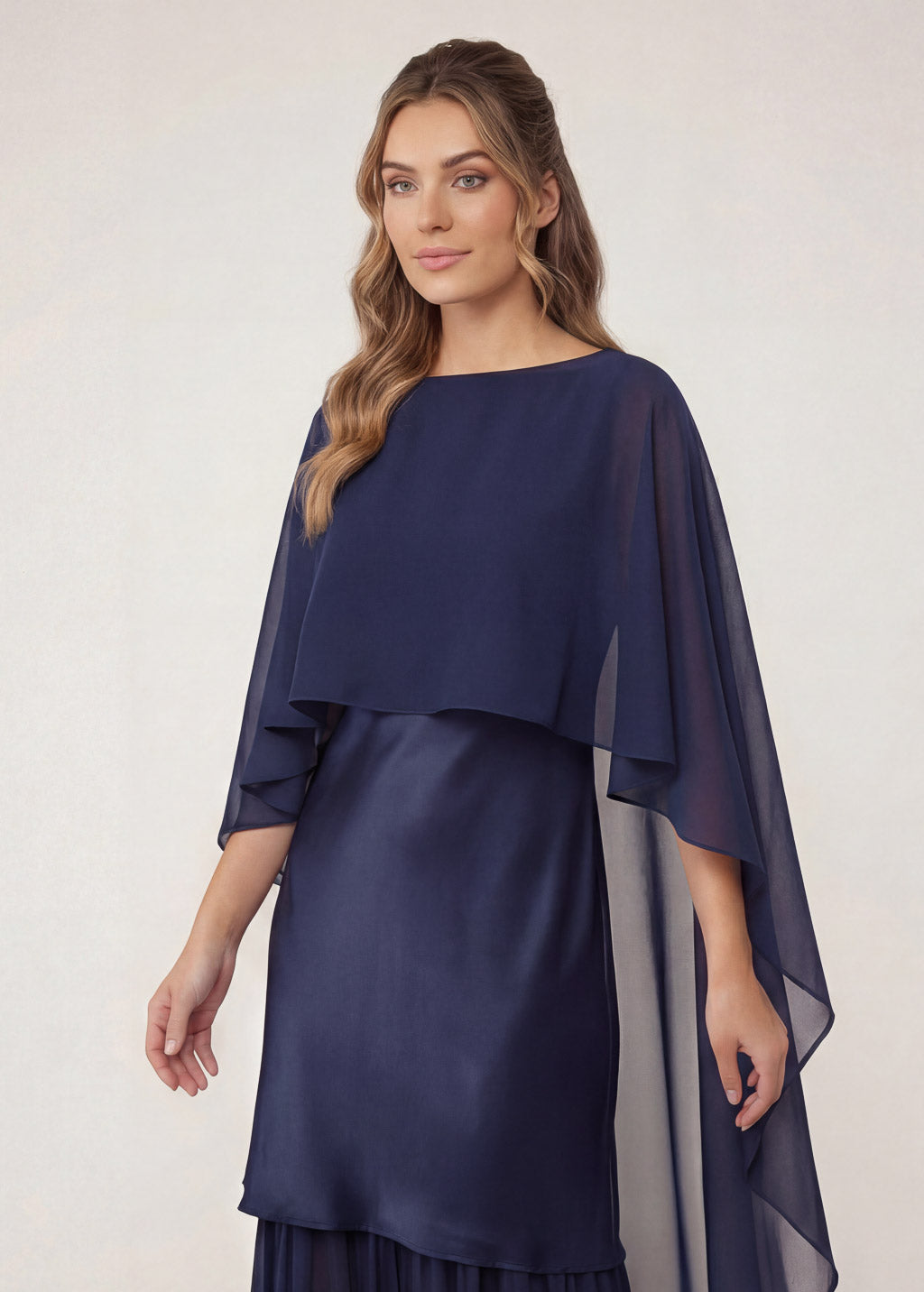 Navy Blue Silk and Chiffon Dress with Cape Side View