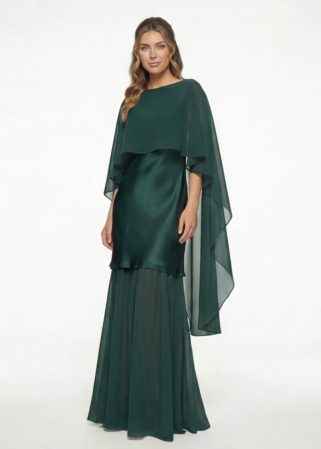 Dark Green Silk and Chiffon Dress with Cape Model
