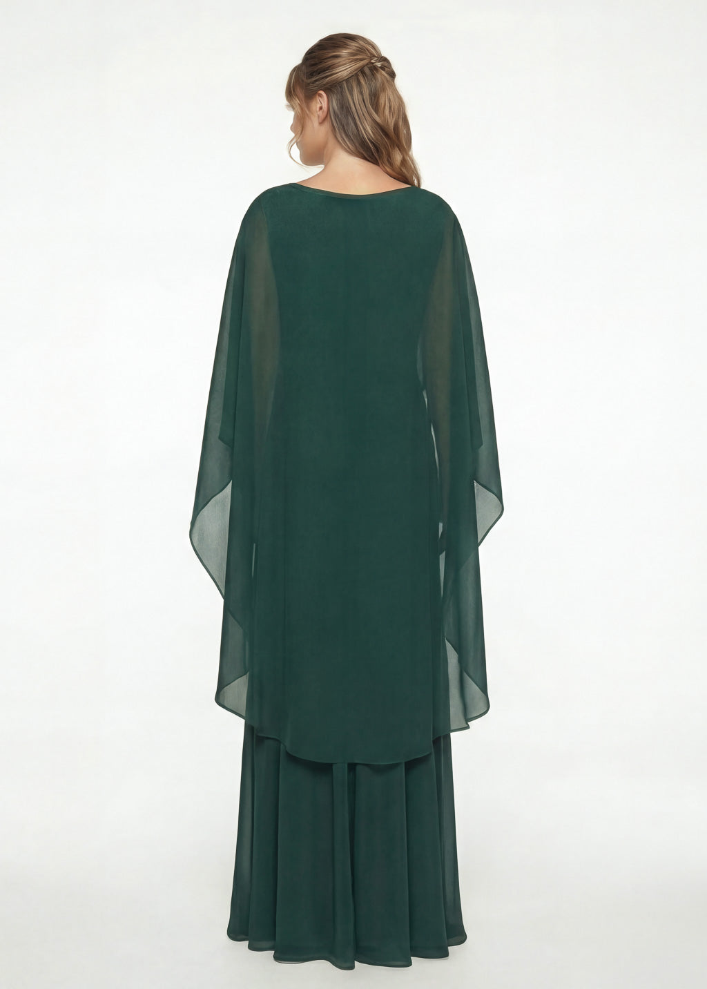 Dark Green Silk and Chiffon Dress with Cape Cape Detail