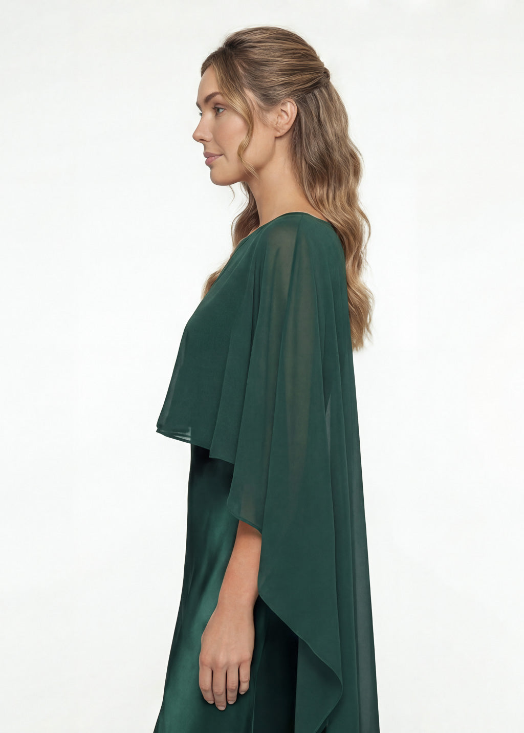 Dark Green Silk and Chiffon Dress with Cape Front Detail