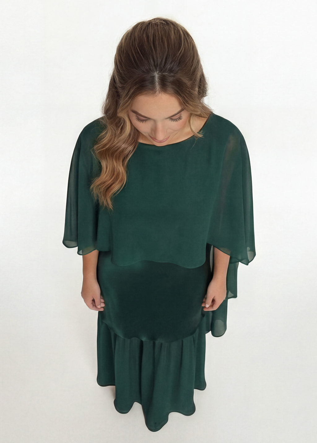 Dark Green Silk and Chiffon Dress with Cape Close Up