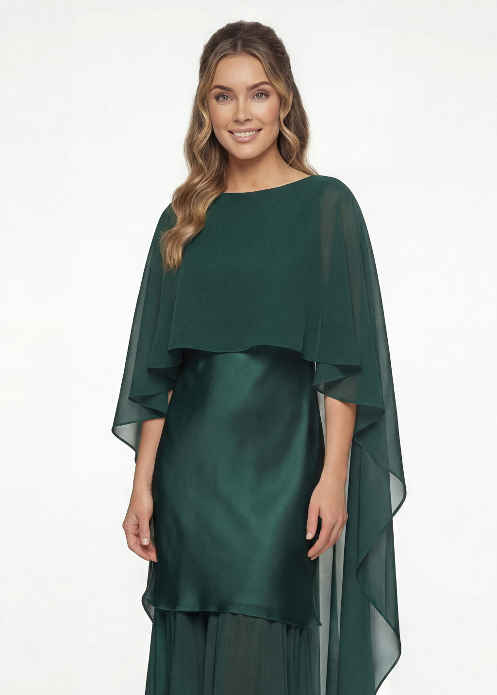 Dark Green Silk and Chiffon Dress with Cape Detail