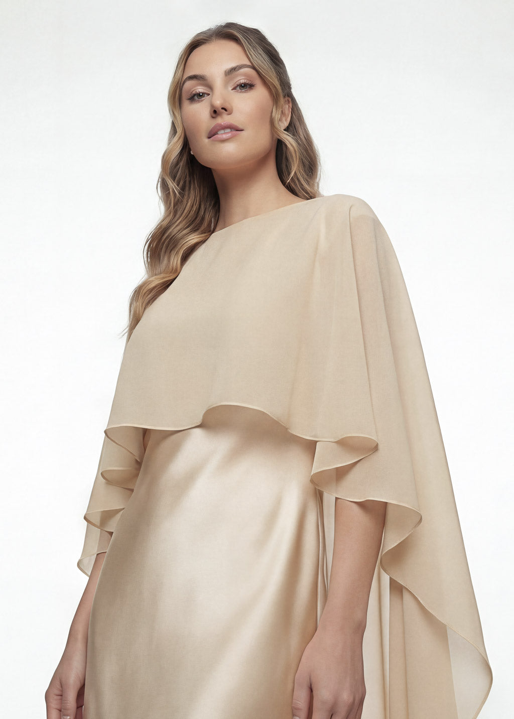 Champagne Gold Silk and Chiffon Dress with Cape Champagne Gold Silk and Chiffon Dress with Cape