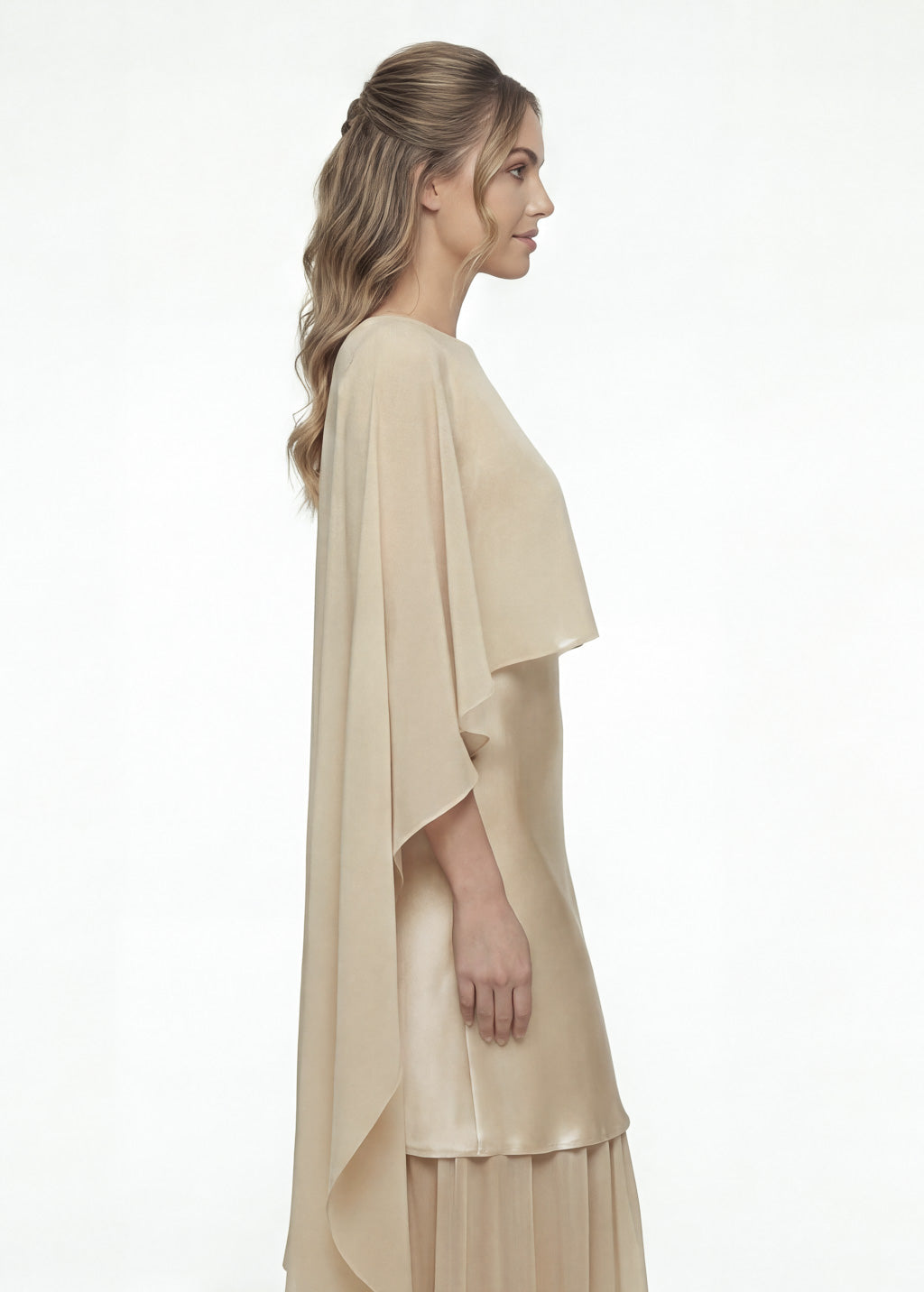 Champagne Gold Silk and Chiffon Dress with Cape