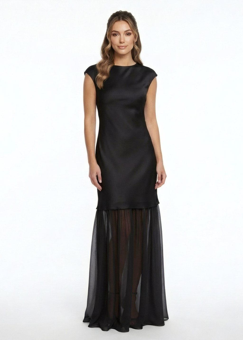 Black Silk and Chiffon Dress with Cape