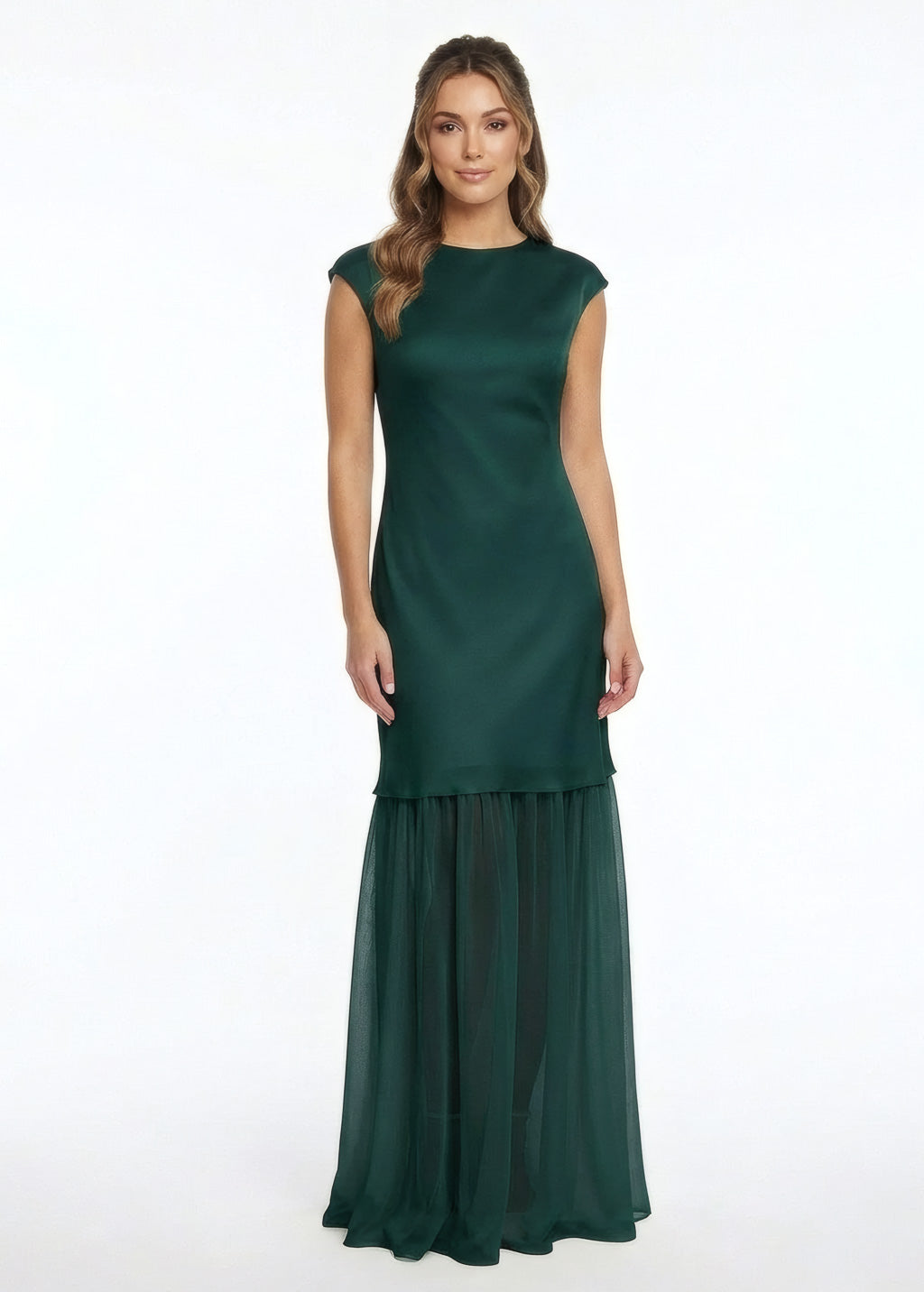 Dark Green Silk and Chiffon Dress with Cape Styled Look