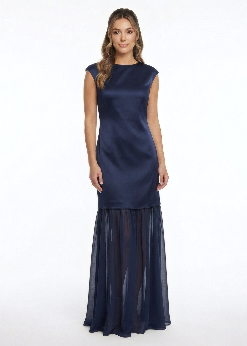 Navy Blue Silk and Chiffon Dress with Cape Front Detail