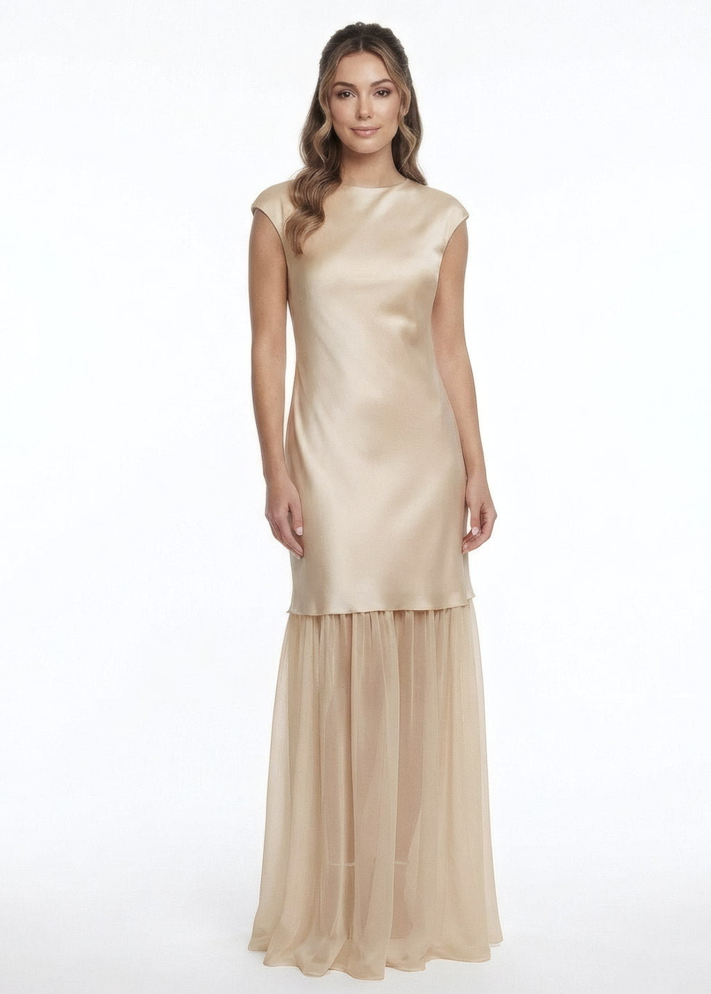 Champagne Gold Silk and Chiffon Dress with Cape