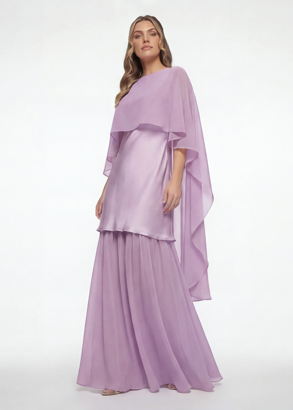 Lilac Silk and Chiffon Dress with Cape