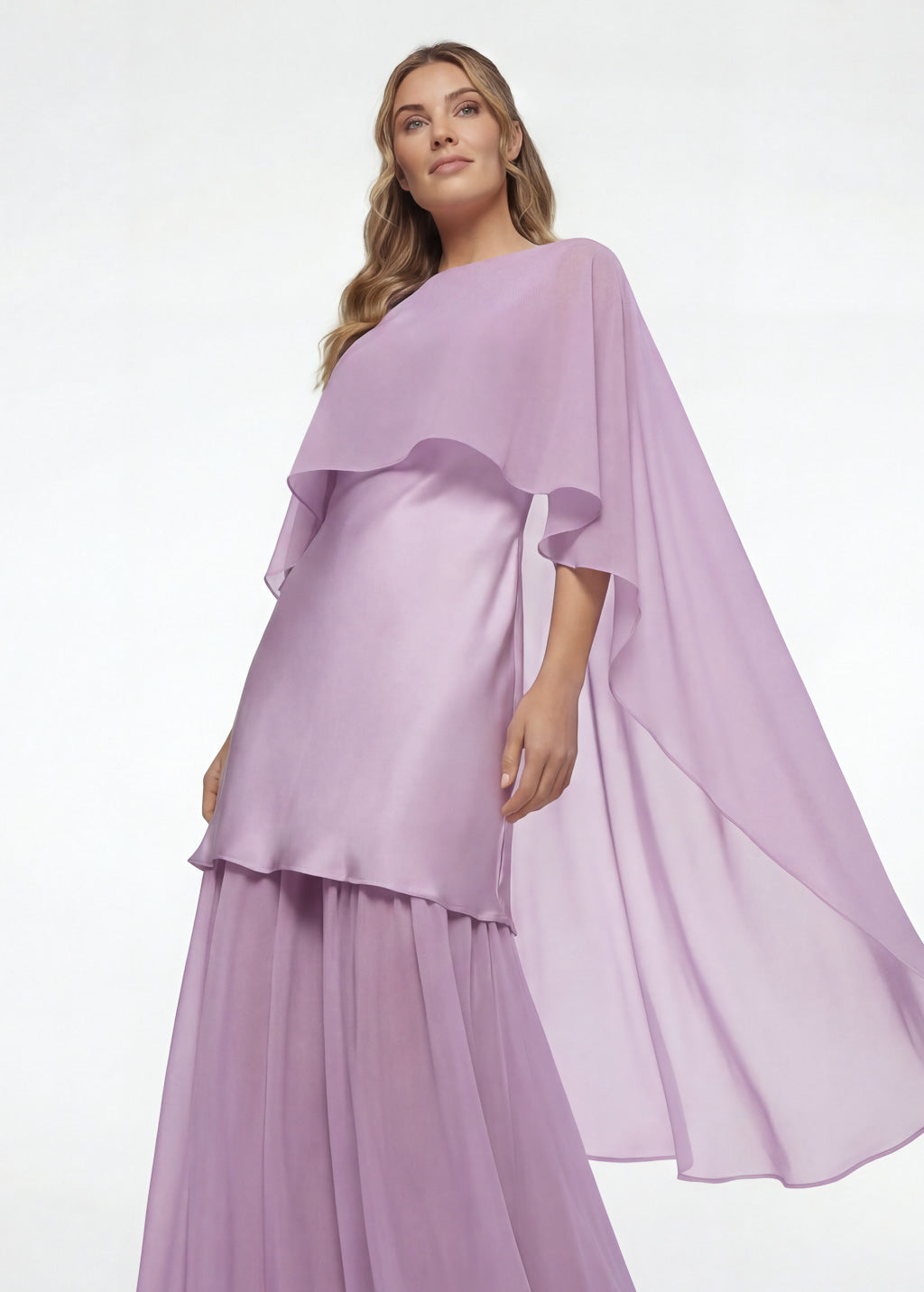 Lilac Silk and Chiffon Dress with Cape