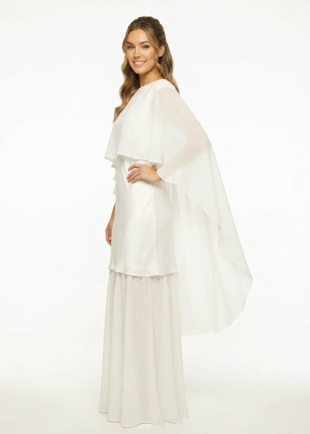 Ivory Silk and Chiffon Dress with Cape