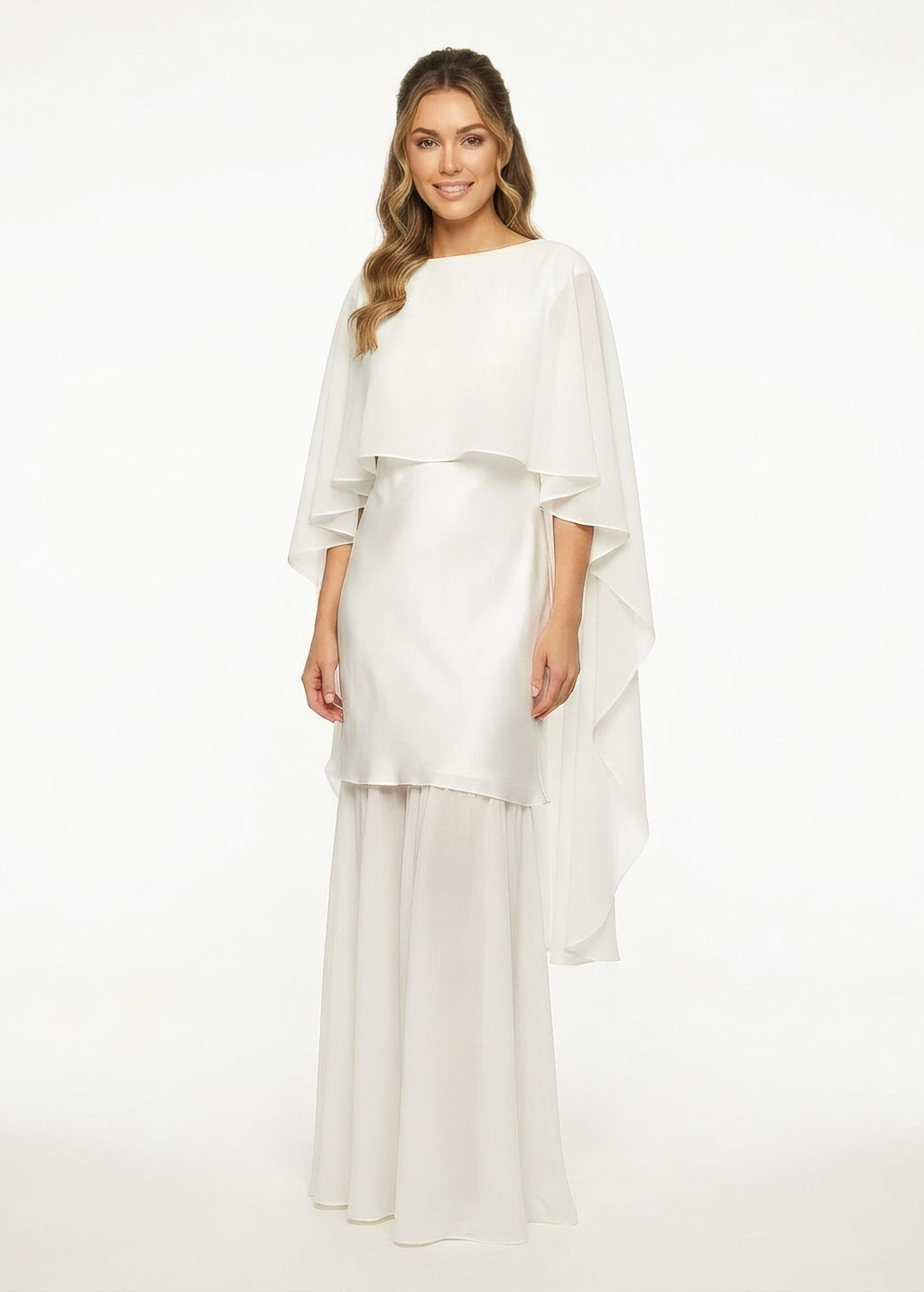 Ivory Silk and Chiffon Dress with Cape