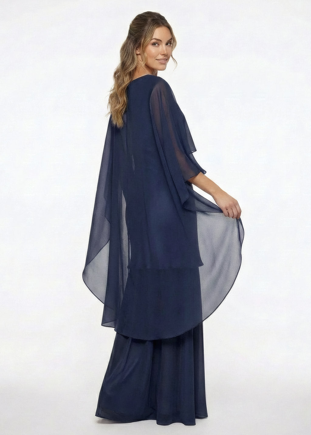 Navy Blue Silk and Chiffon Dress with Cape Full Length