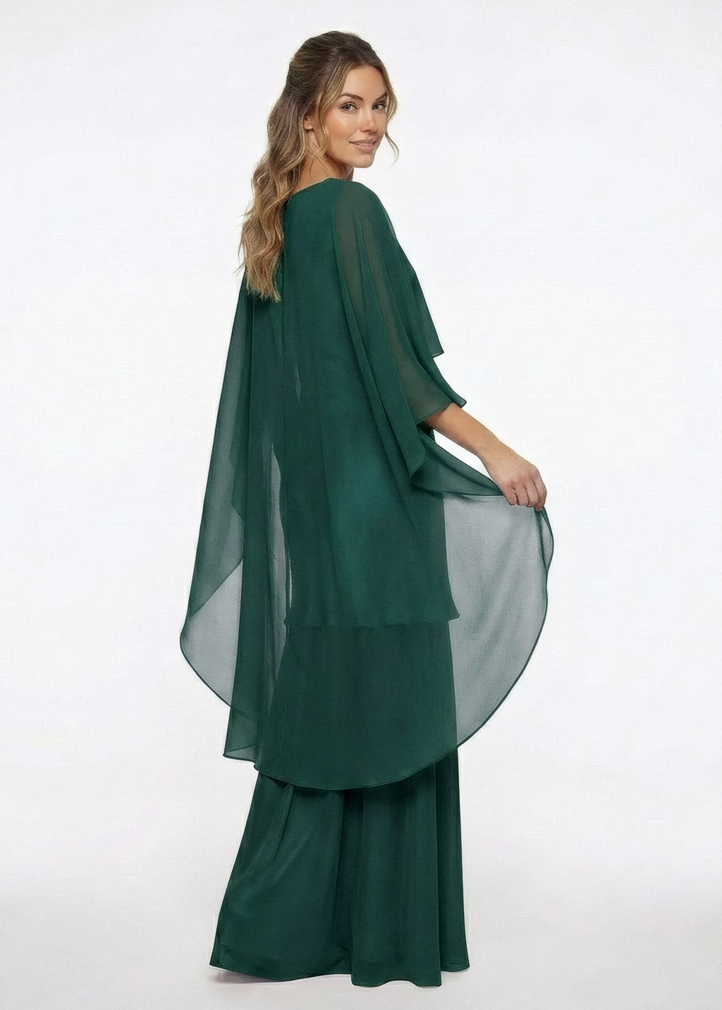 Dark Green Silk and Chiffon Dress with Cape Full Length