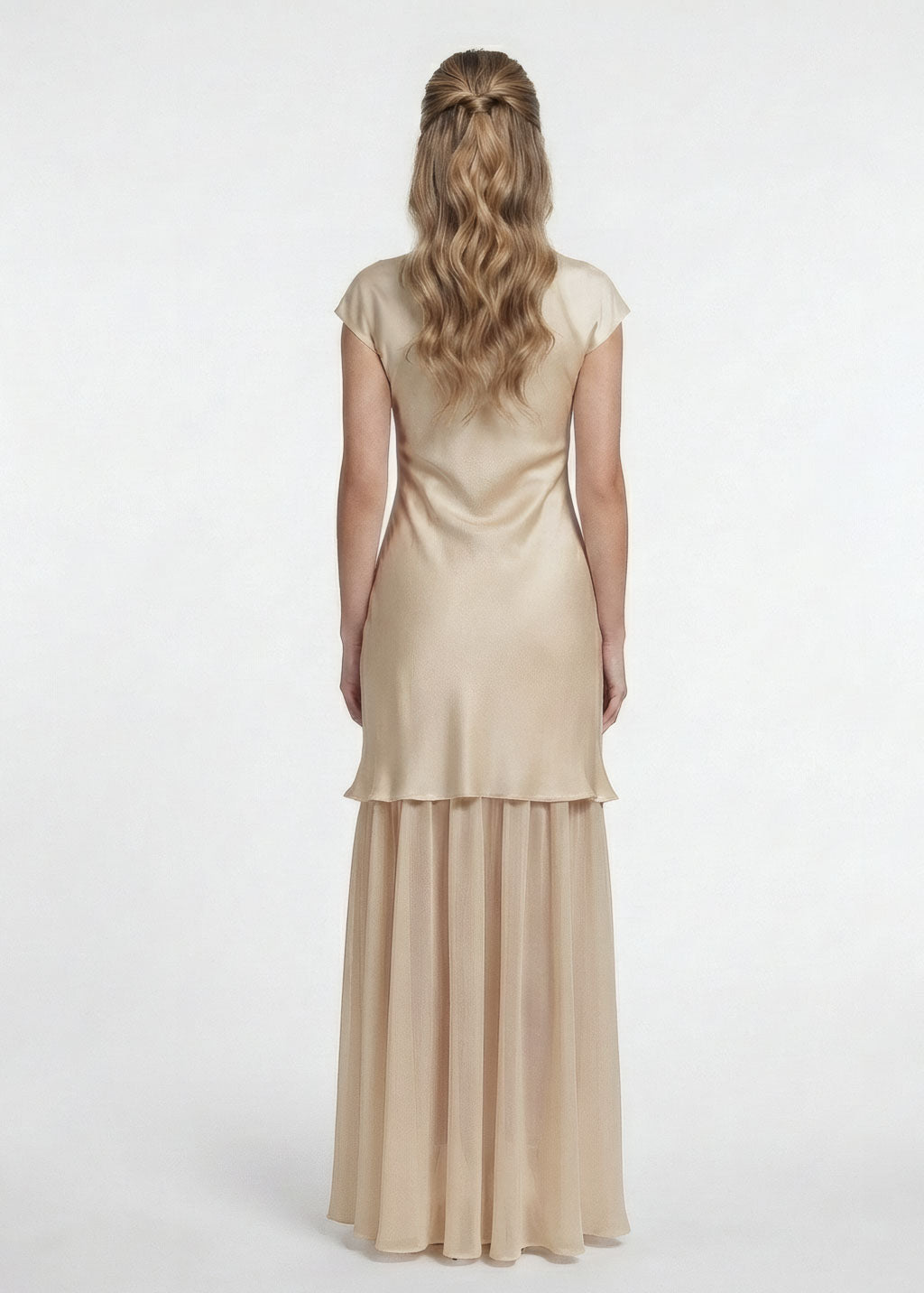 Champagne Gold Silk and Chiffon Dress with Cape