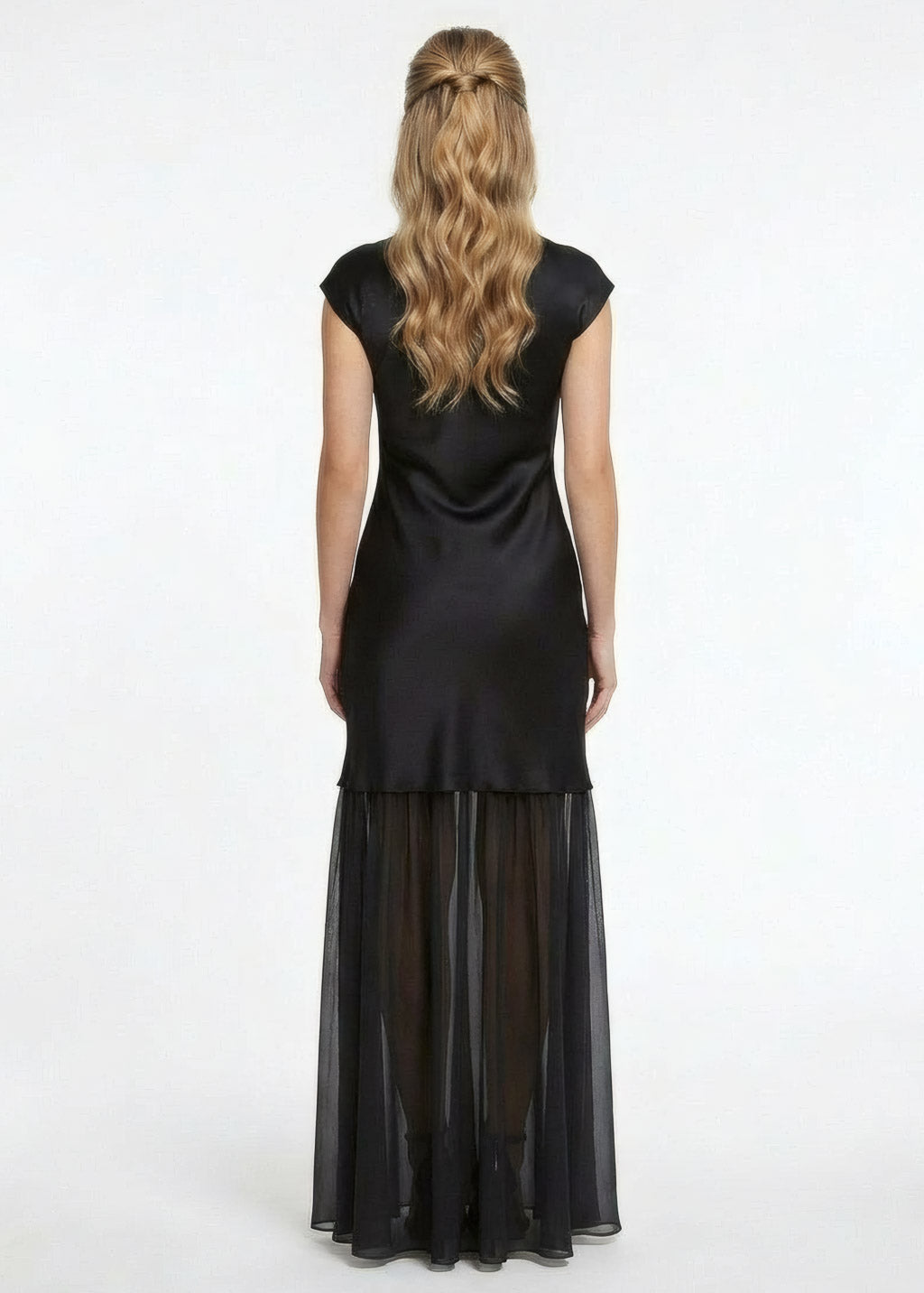 Black Silk and Chiffon Dress with Cape