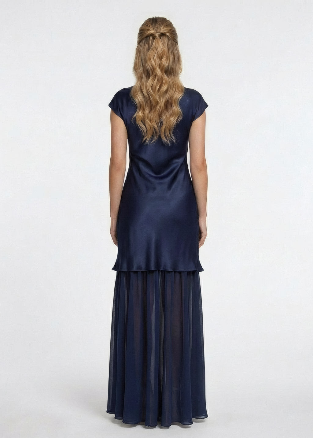 Navy Blue Silk and Chiffon Dress with Cape Model