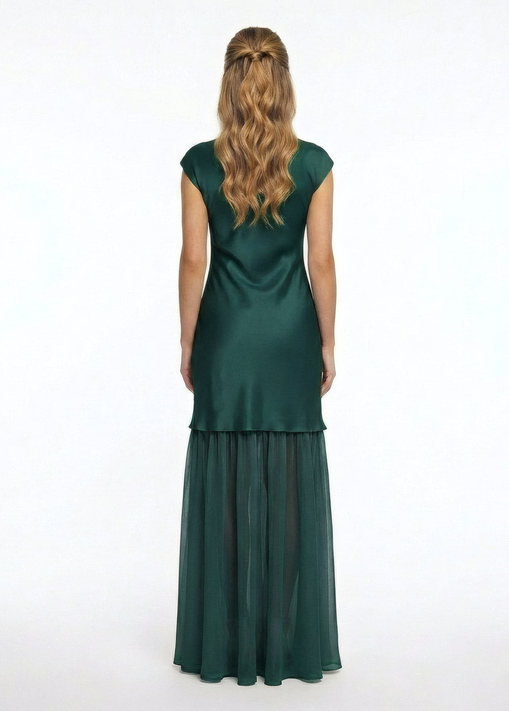 Dark Green Silk and Chiffon Dress with Cape Movement Shot