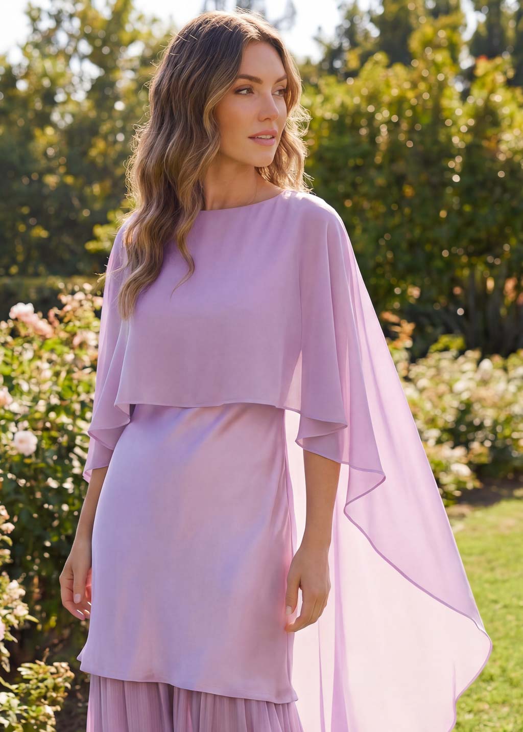 Lilac Silk and Chiffon Dress with Cape