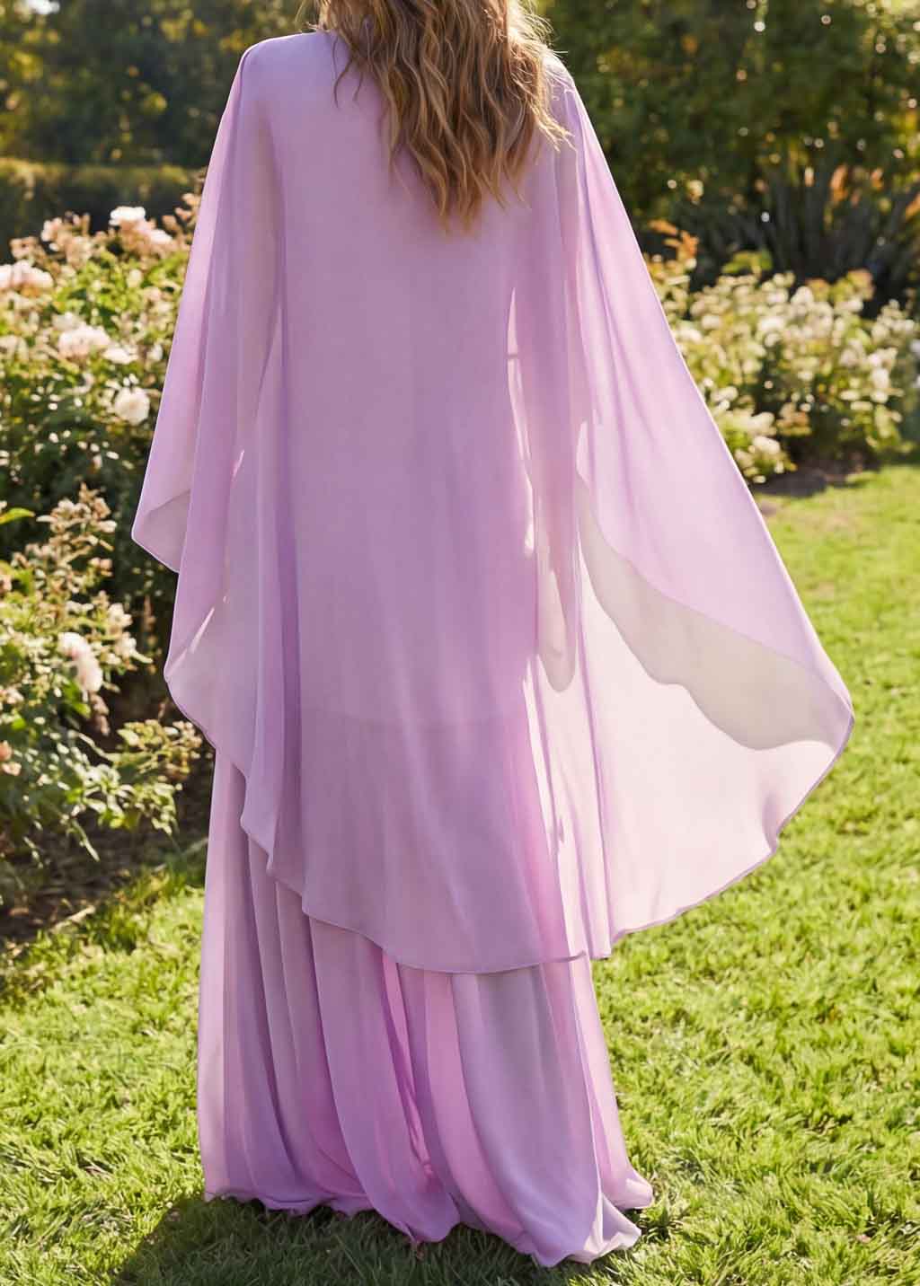 Lilac Silk and Chiffon Dress with Cape
