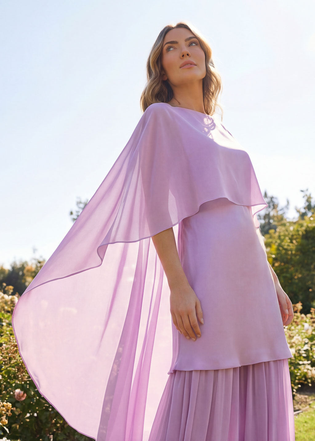 strapless open back dress Lilac Silk and Chiffon Wedding Guest Dress with Cape strapless open back dress Lilac Silk and Chiffon Wedding Guest Dress with Cape