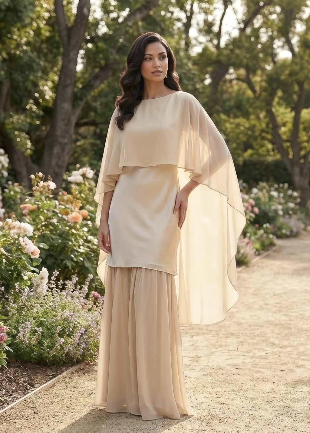 Champagne Gold Silk and Chiffon Dress with Cape