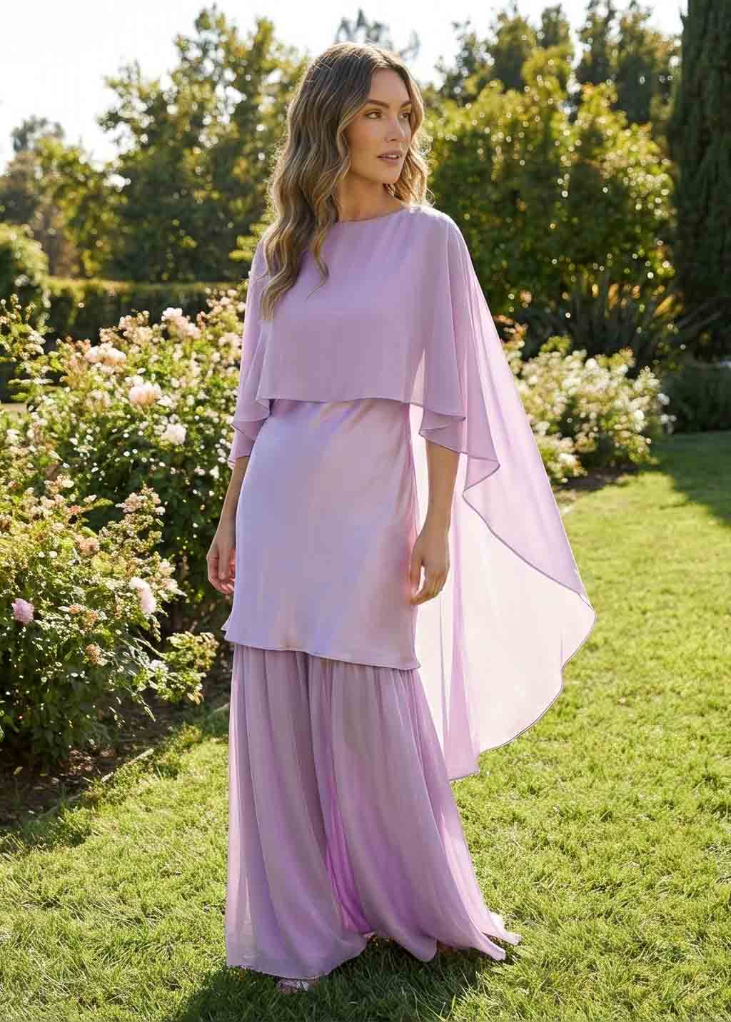 Lilac Silk and Chiffon Dress with Cape
