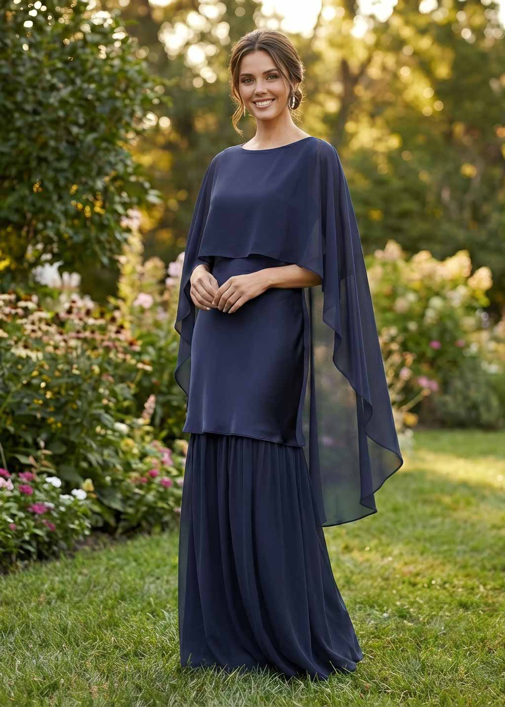 Navy Blue Silk and Chiffon Bridesmaid Dress with Cape