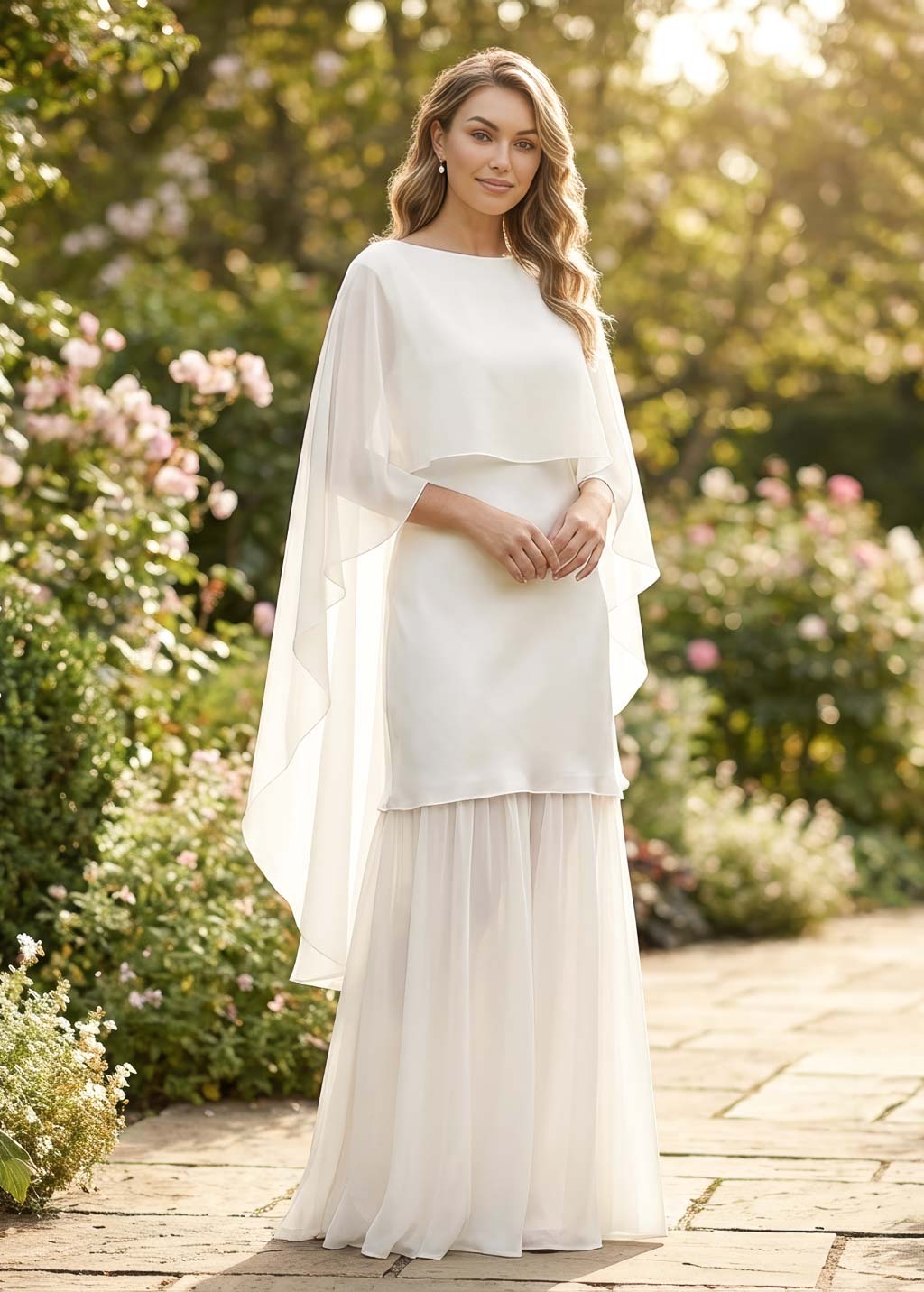 Ivory Silk and Chiffon Dress with Cape Ivory Silk and Chiffon Dress with Cape