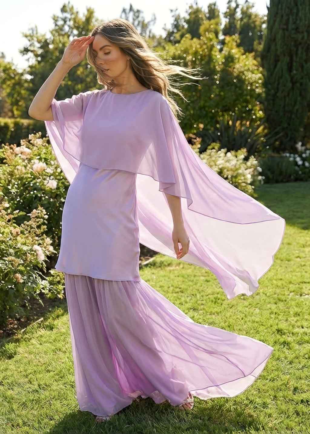 Lilac Silk and Chiffon Dress with Cape