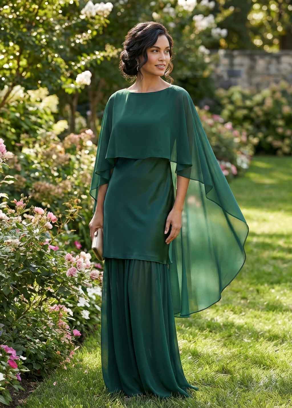 Dark Green Silk and Chiffon Dress with Cape