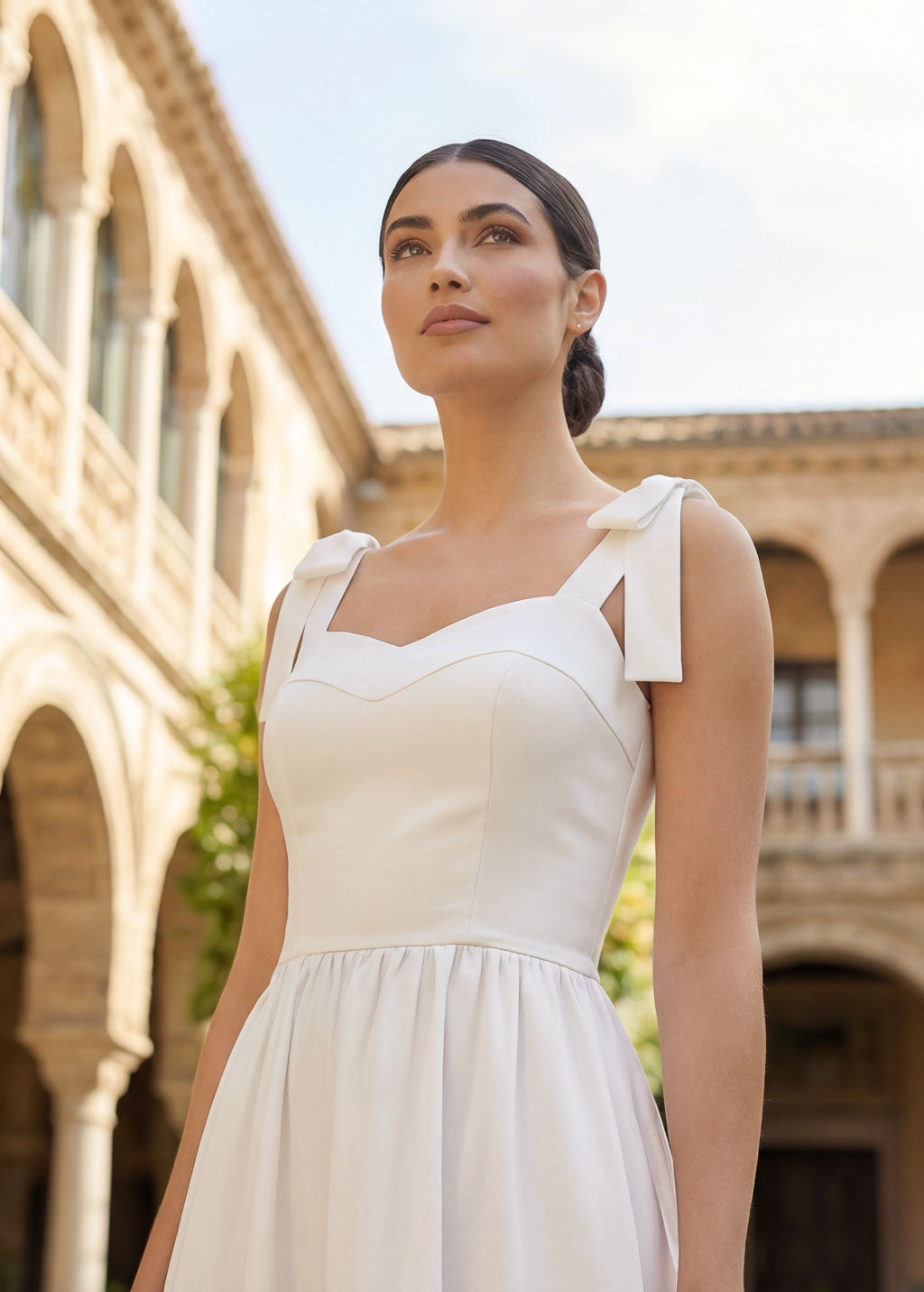 White Satin Midi Wedding Dress with Bow Straps