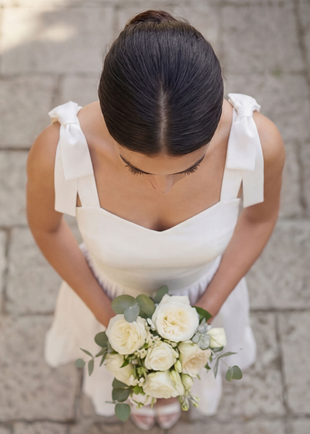 White Satin Midi Wedding Dress with Bow Straps