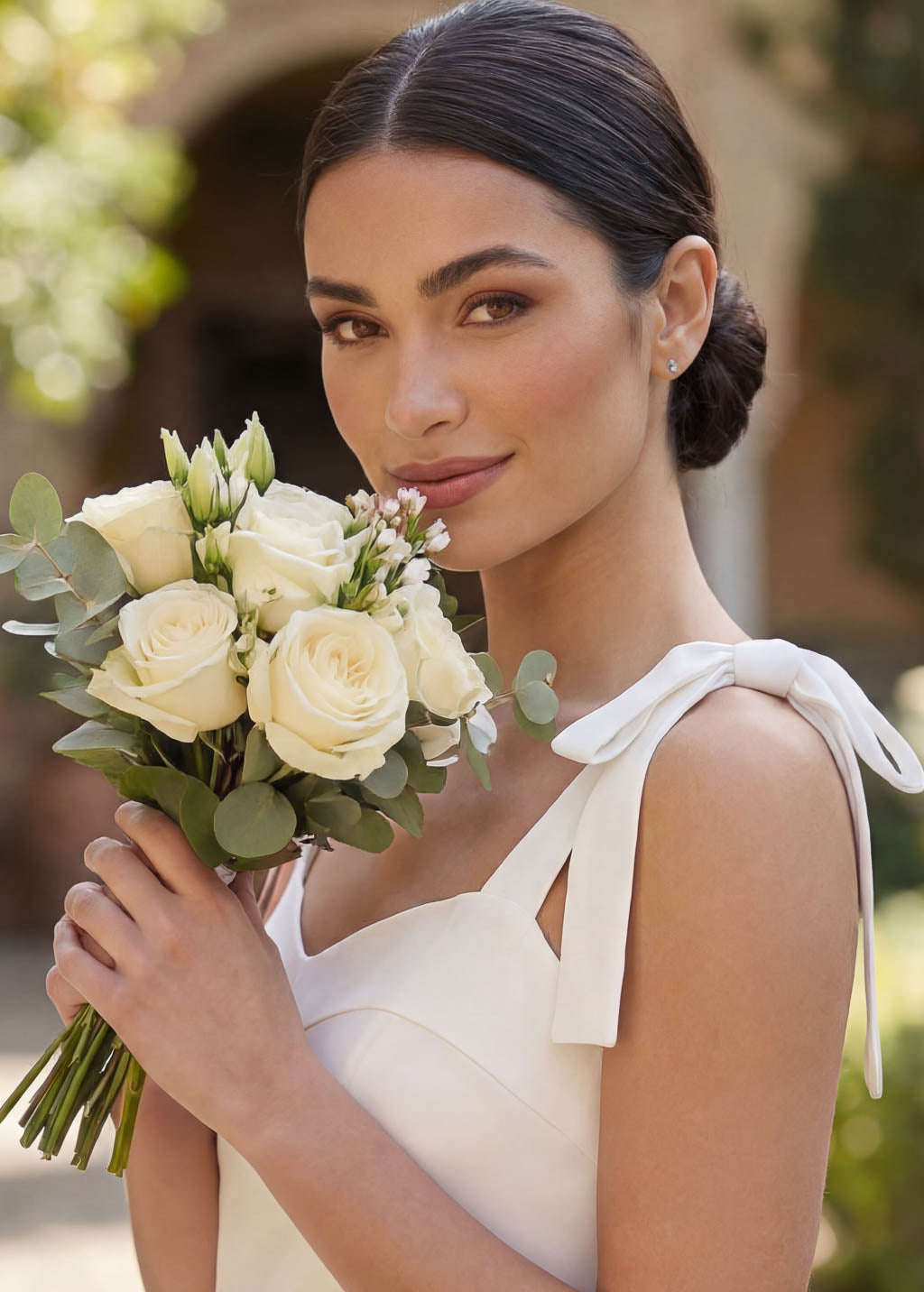 White Satin Midi Wedding Dress with Bow Straps