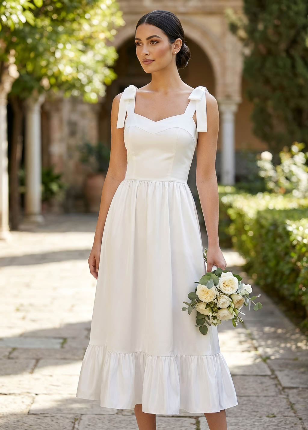 White Satin Midi Wedding Dress with Bow Straps