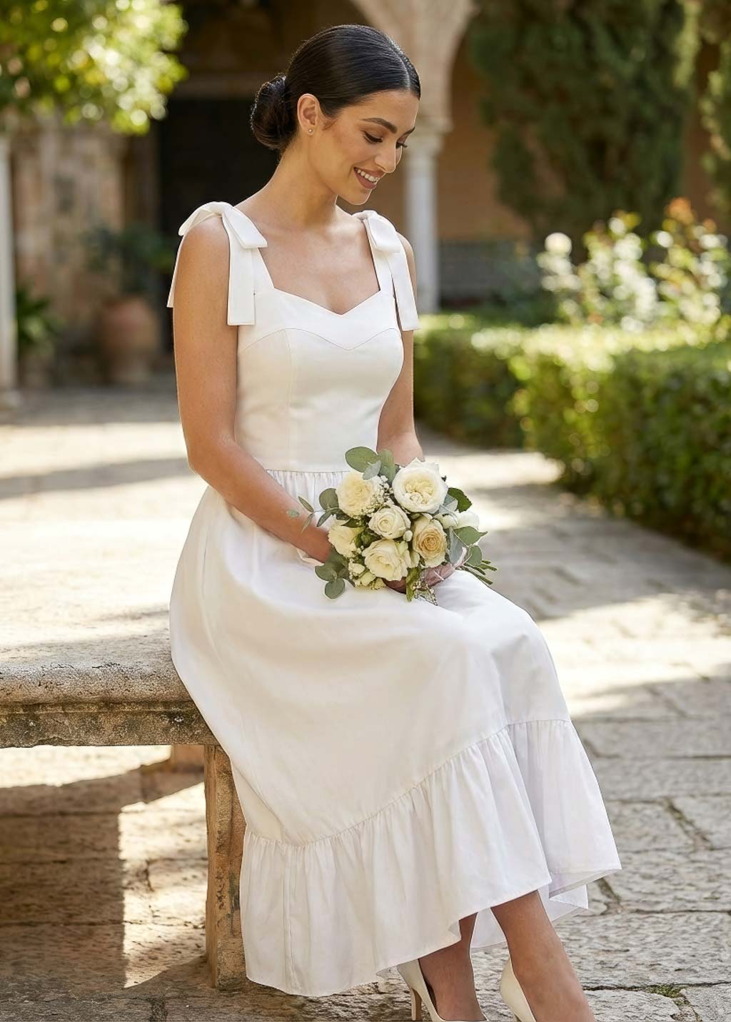 White Satin Midi Wedding Dress with Bow Straps