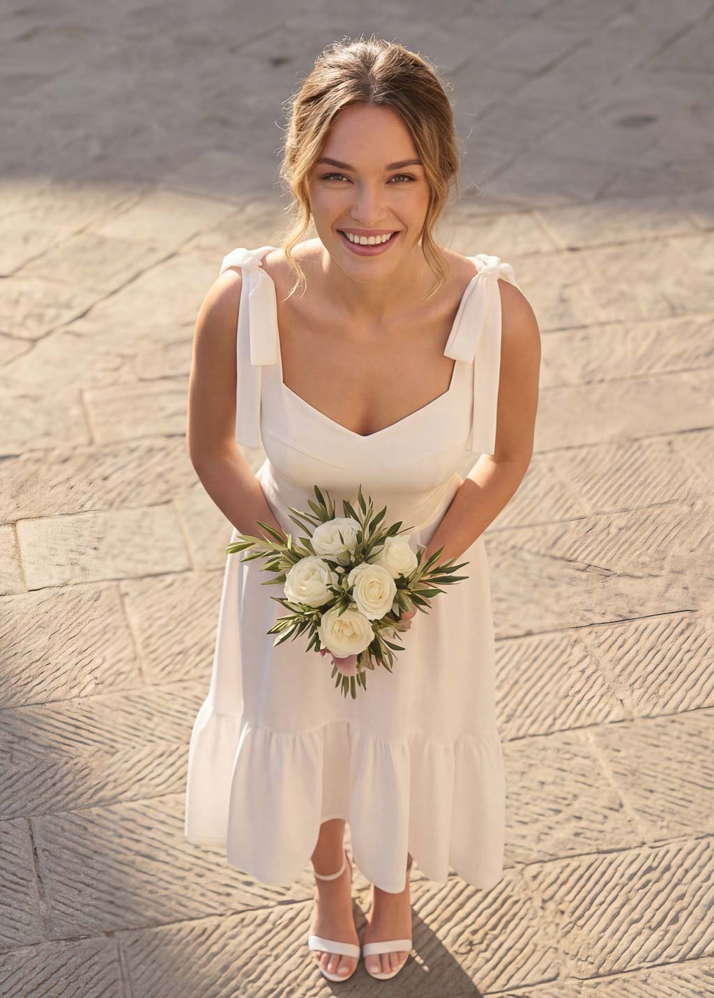 White Midi Wedding Dress with Bow Straps and Ruffle Hem
