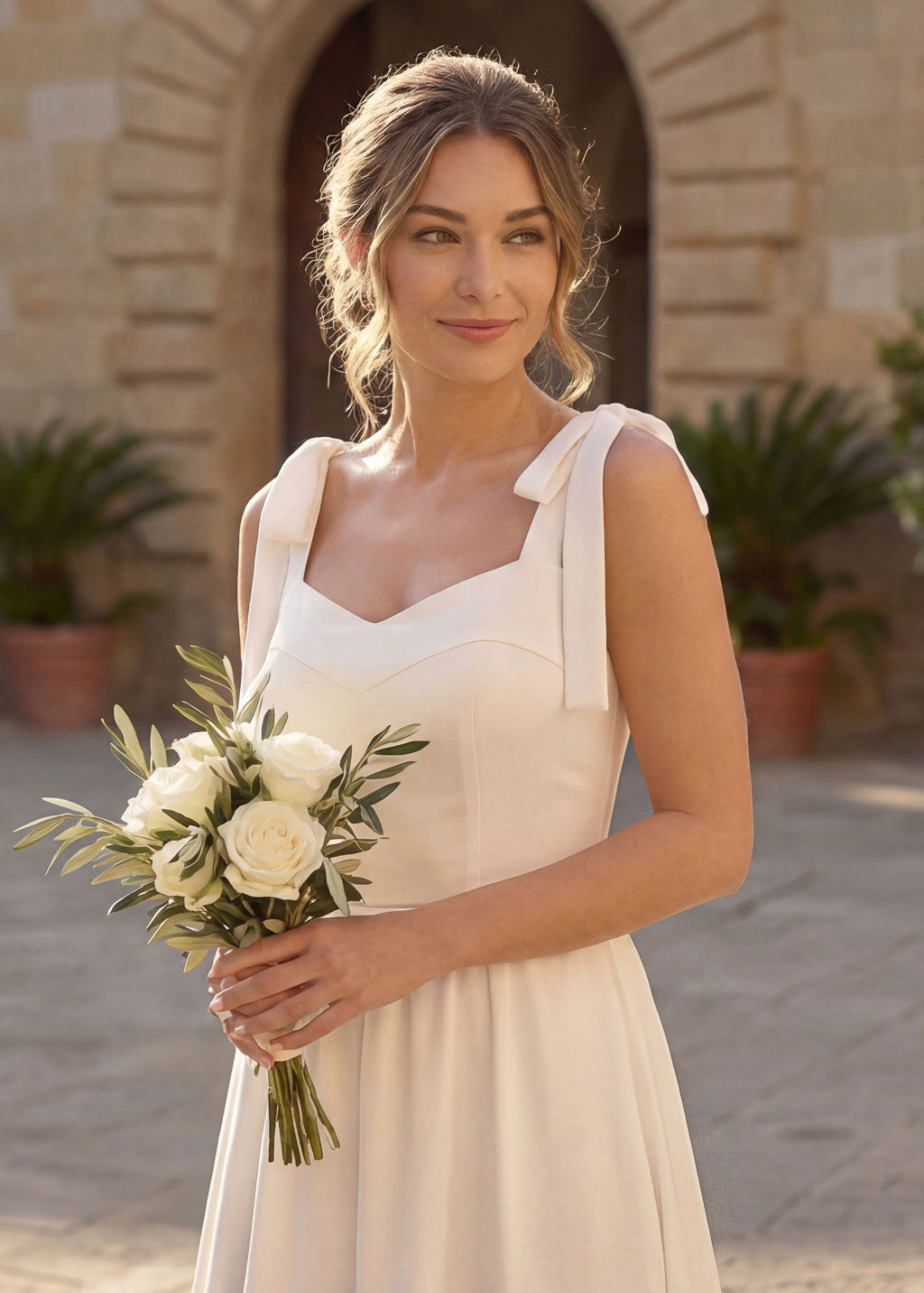 White Midi Wedding Dress with Bow Straps and Ruffle Hem