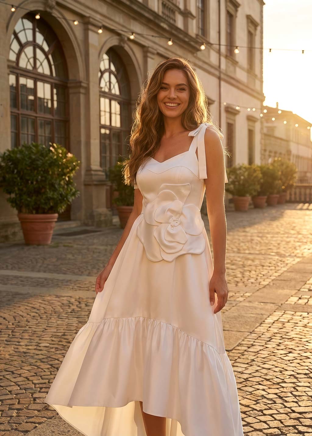 White Luxury Satin Wedding Dress with Handmade Flower