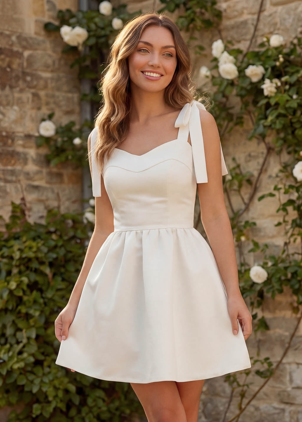 Ivory Luxury Satin Mini Wedding Dress with Bow Straps