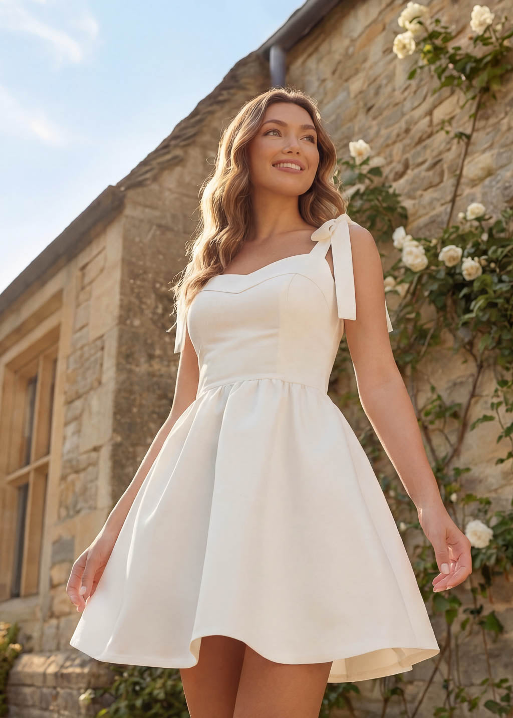 Ivory Luxury Satin Mini Wedding Dress with Bow Straps