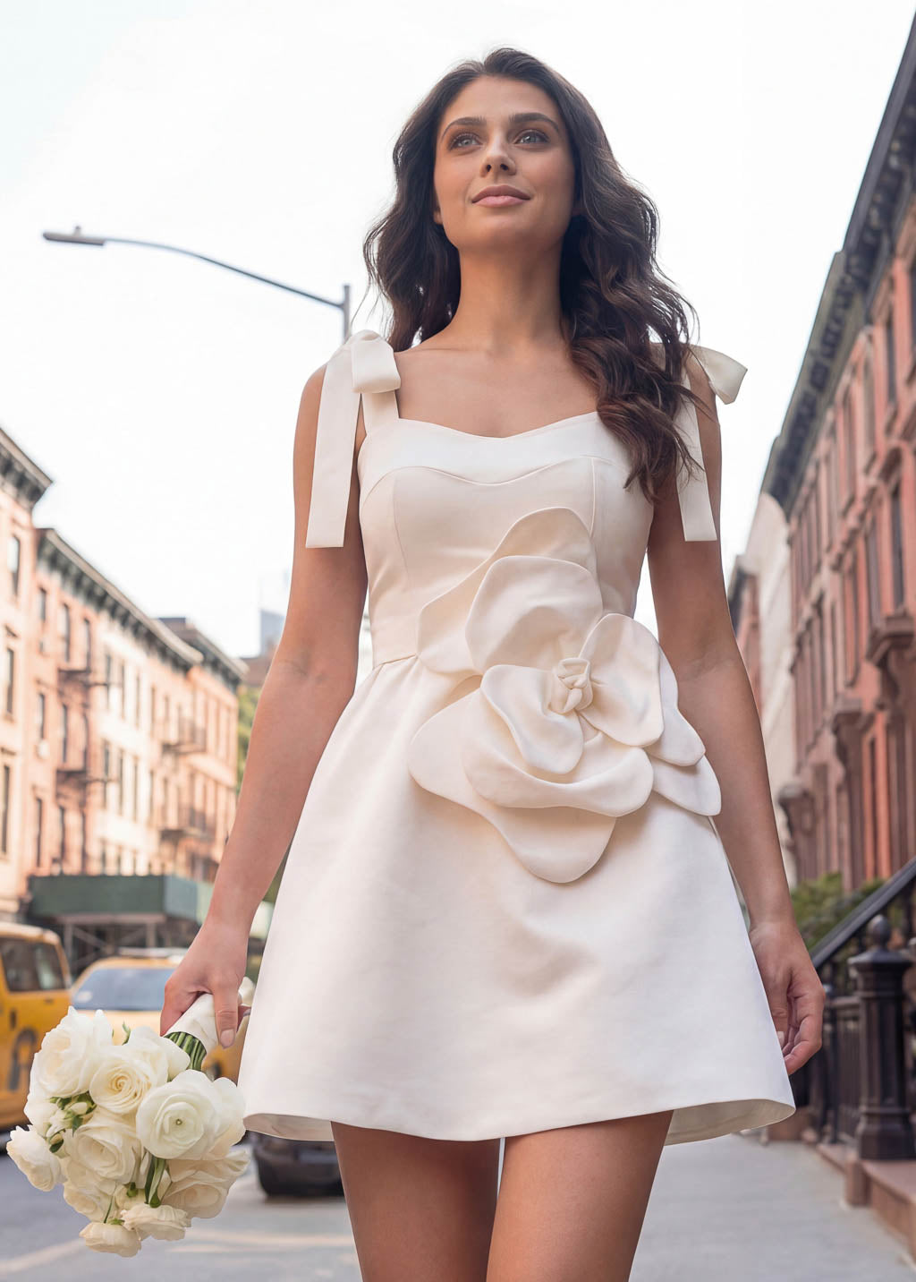 Ivory Luxury Satin Mini Wedding Dress with Handmade Flower
