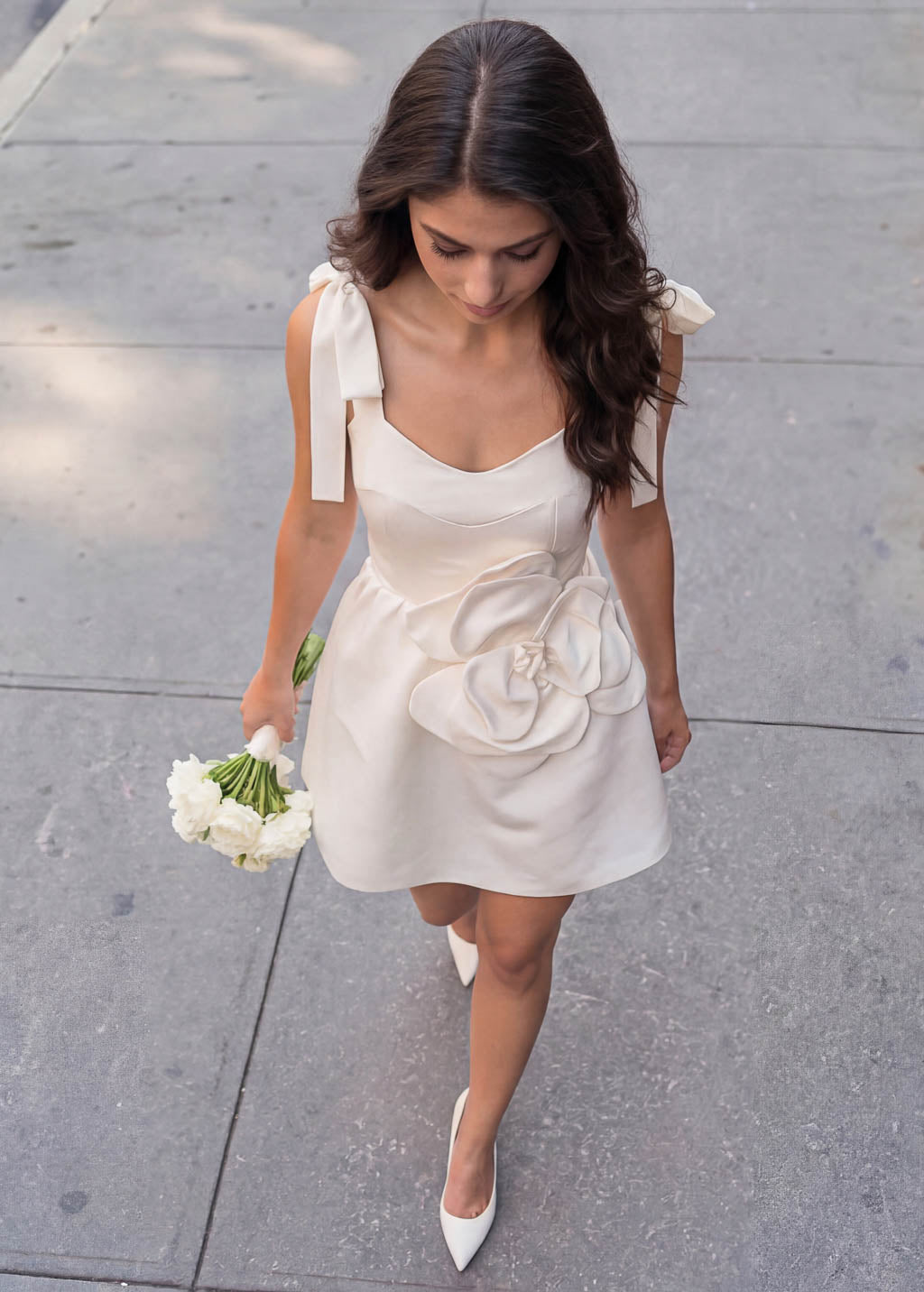 Ivory Luxury Satin Mini Wedding Dress with Handmade Flower