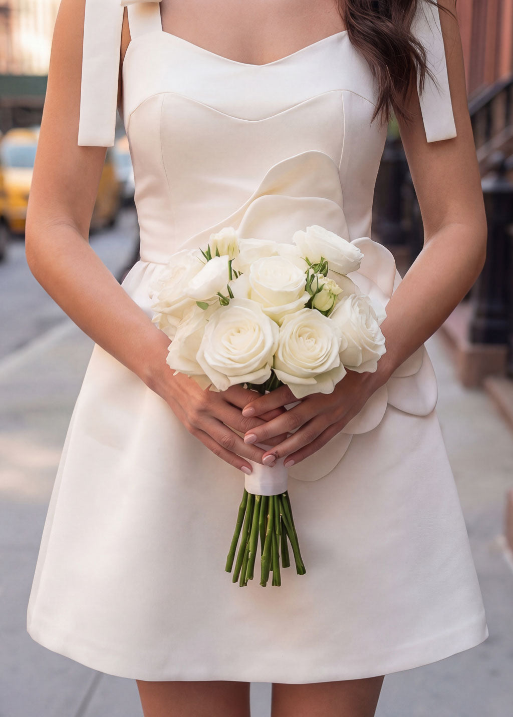 Ivory Luxury Satin Mini Wedding Dress with Handmade Flower
