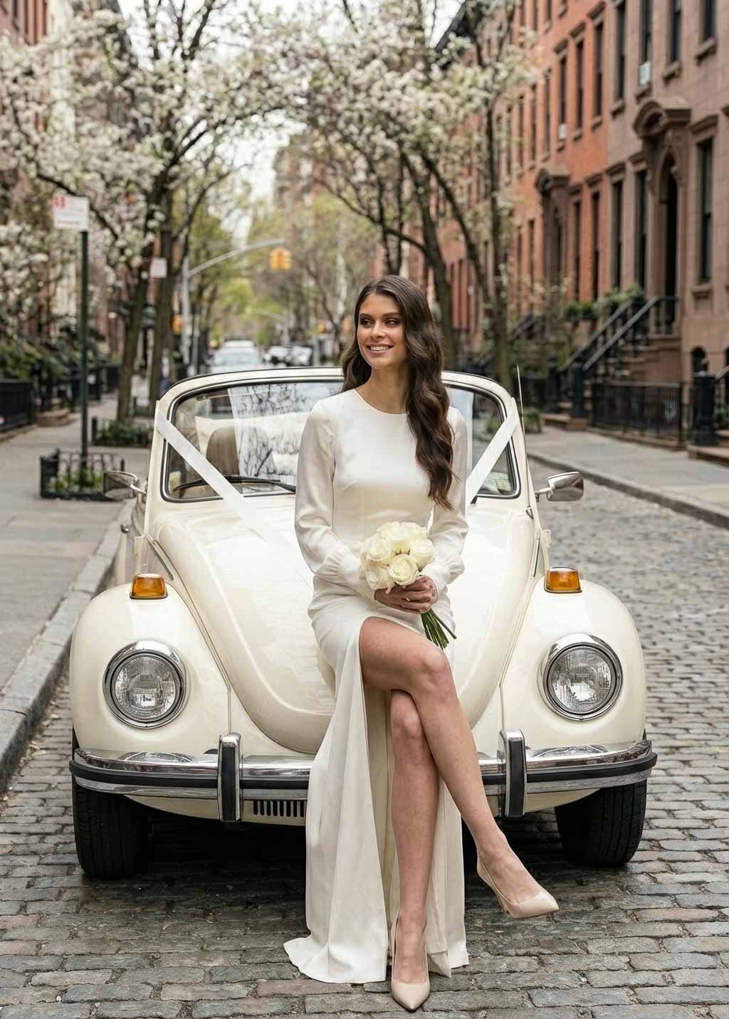 Ivory Silk Wedding Slit Dress with Long Sleeves